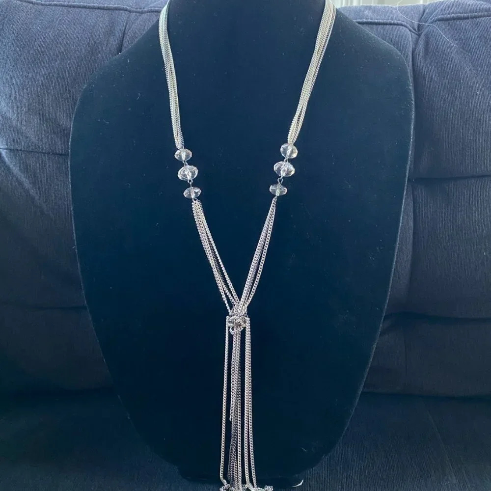 Sautoir Style Necklace with long four-tone metal cable chain and crystal accents